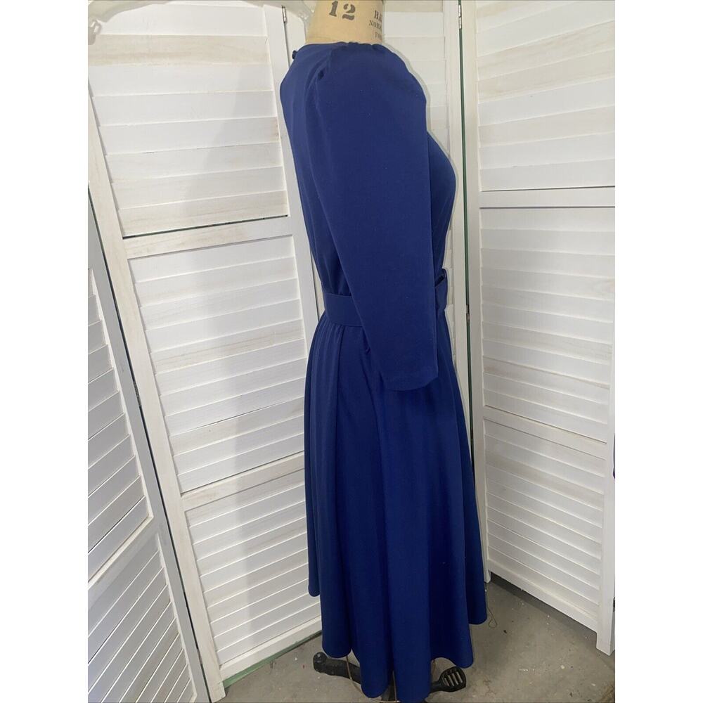 Vtg 80s Whirlaway Frocks Navy 3/4 Sleeves Pleated Belted Fit & Flare Dress Sz 10 - Picture 6 of 10